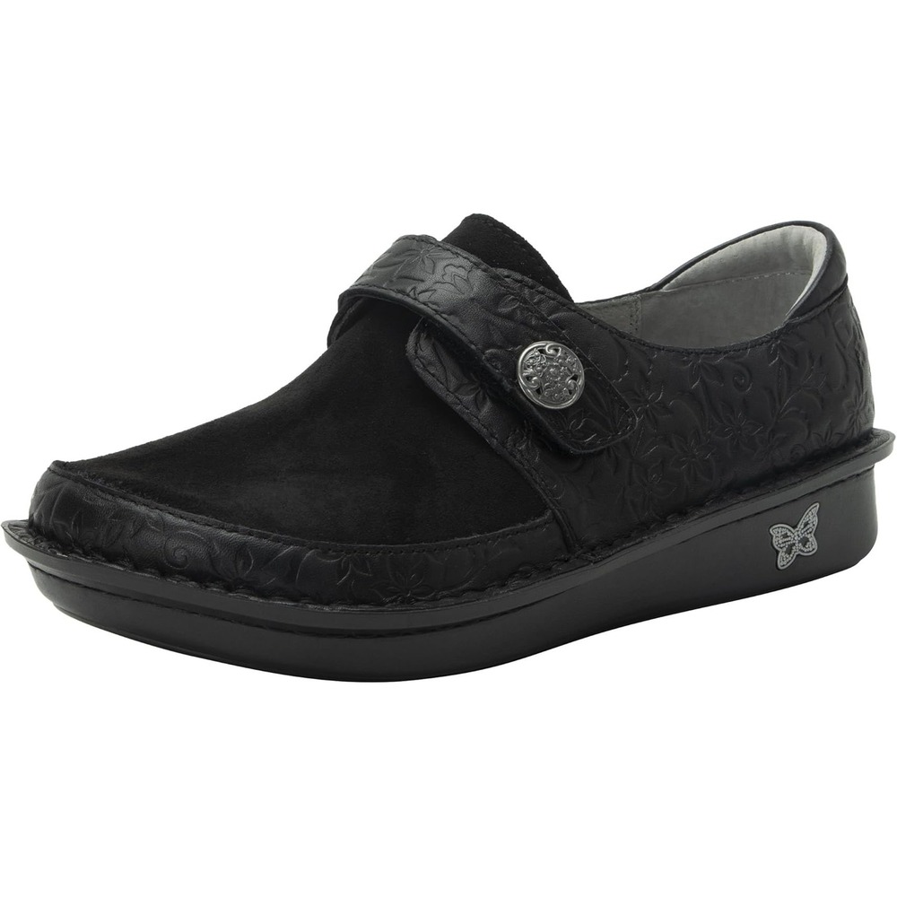 Alegria PG Brenna Night Bloom Black Floral Embossed Leather Suede‎ Clogs Sz 6 36